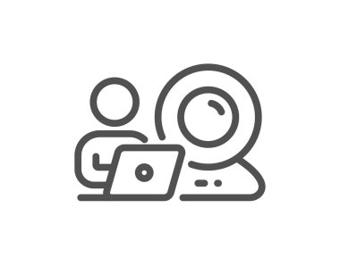Video konferans hattı simgesi. Çevrimiçi eğitim işareti. Webcam sunum sembolü. Kalite tasarım elemanı. Doğrusal görüntü konferansı simgesi. Düzenlenebilir felç. Vektör