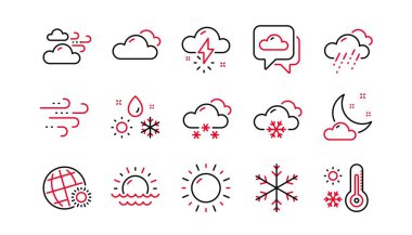 Hava durumu ve tahmin çizgisi simgeleri. Bulutlu gökyüzü, kış kar tanesi, termometre. Ay gecesi, yağmur ve günbatımı simgeleri. Hava sıcaklığı, meteoroloji tahminleri. Doğrusal küme. Doğrusal küme. Vektör