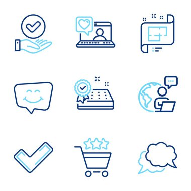 İş simgeleri ayarlandı. Mimari plan olarak simge, onaylanmış onay kutusu, yatak garantisi tabelaları dahil. Tik tak, gülümse, alışveriş derecelendirme sembolleri. Sohbet mesaj hattı simgeleri. Satır simgeleri ayarlandı. Vektör