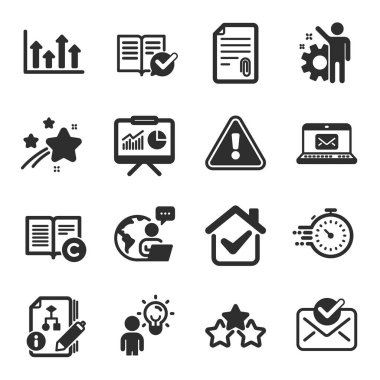 Onaylanmış posta, grup üyeleri, e-posta sembolleri gibi bir dizi eğitim simgesi. Sıralama yıldızları, Eklentiler, Üst ok işaretleri. Telif hakkı, Algoritma, Zamanlayıcı. Onaylanmış belgeler, Çalışan. Vektör