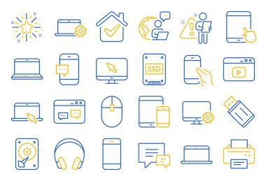Mobil aygıt hattı simgeleri. Laptop, Tablet PC ve Akıllı Telefon simgeleri. HDD, SSD ve Flash disk. Kulaklık, yazıcı ve tablet cihazı. Fare, SSD disk, mobil laptop. Hafıza sürücüsü. Vektör