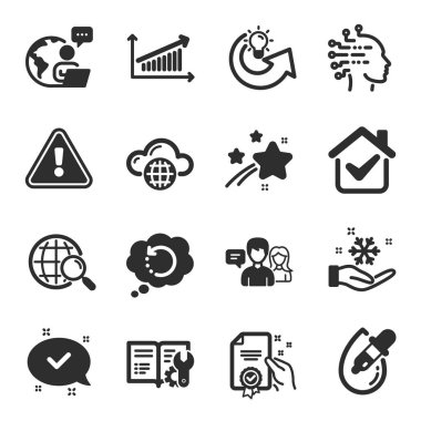İşletme simgeleri, Kurtarma verileri, Sertifika, sembollerden bahseden insanlar gibi. Bulut hesaplama, Onaylandı, Göz damlaları. Fikir paylaşımı, web araması, yapay zeka. Çizelge. Vektör