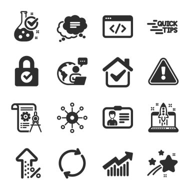 Metin mesajı, eğitim, yüzde artan semboller gibi bir dizi teknoloji ikonu. Kimlik kartı, Seo betiği, şifre şifreleri. Tam rotasyon, talep eğrisi, kimya laboratuvarı. Vektör