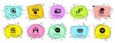 İş simgeleri ayarlandı. Konuşma balonu pankart sunuyor. Vektör kupon kartı. Havai fişek roketi, su geçirmez, kutu işaretleri gibi ikonlar da dahil. Doğru kontrol kutusu, el şıklaması, şampanya bardakları. Vektör