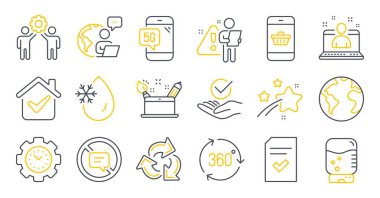 Çalışan takım çalışması, su soğutucu, yaratıcılık konsepti sembolleri gibi bir dizi teknoloji ikonu. Geri dönüşüm, 360 derece, işaretlerden konuşmayı kes. Onaylandı, Zaman Yönetimi, En İyi Yönetici. 5g telefon. Vektör