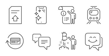 Nokta mesajı, Tren ve Bitcoin proje çizgisi simgeleri ayarlandı. Komisyon iadesi, akıllı telefon temizliği ve dosya gönderme tabelaları. Kılavuz doktor, gülen yüz sembolleri. Sohbet balonu, Tram, Kripto para girişimi. Vektör