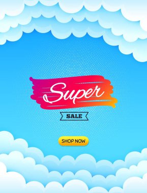 Süper satış afişi. Mesaj içeren bulutlu gökyüzü arkaplanı. İndirimli afiş şekli. Kupon ikonu. En iyi reklam kuponu bulut afişi. Süper satış rozeti şeklinde. Mavi gökyüzü arka planı. Vektör