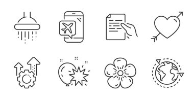Seo dişlisi, Tut belgesi ve Doğal keten çizgisi simgeleri hazır. Dış kaynak kullanımı, Aşk ve Balon dart işaretleri. Uçuş modu, duş sembolleri. Cogwheel, Page dosyası, organik test. İş seti. Vektör