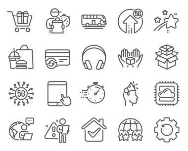 Teknoloji simgeleri ayarlandı. Kulaklık olarak simge, Kurtarma ekipmanları, marka büyükelçisi işaretleri. 5G yükleme, otobüs turu, zamanlayıcı sembolleri. 5G teknolojisi, bulut bilgisayarı, değişiklik kartı. Derecelendirme yıldızları Vektör