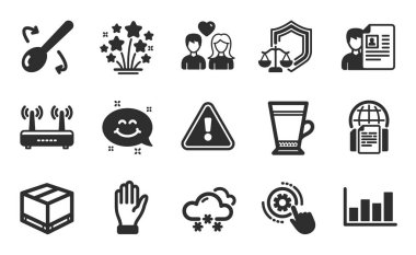 Wifi, Latte ve Job röportaj simgeleri basit. İnternet belgeleri, çark ayarları ve rapor tabelaları. Gülümse, birkaç aşk ve teslimat kutusu sembolü. Düz simgeler ayarlandı. Vektör