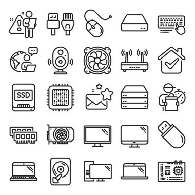 Bilgisayar parçaları, dizüstü bilgisayar, SSD hat simgeleri. Anakart, işlemci, internet kablo ikonları. Wifi router, bilgisayar monitörü, grafik kartı. Klavye, SSD cihazı. İnternet kabloları, dizüstü bilgisayar parçaları. Vektör