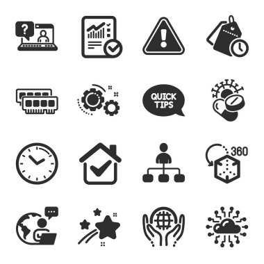 Organik testler, zaman yönetimi, artırılmış gerçeklik sembolleri gibi bilim simgeleri. Hızlı başlangıç rehberi, hesaplanmış hesaplama, bulut ağ işaretleri. Zaman, Ram, Coronavirus hapları. Faq. Vektör