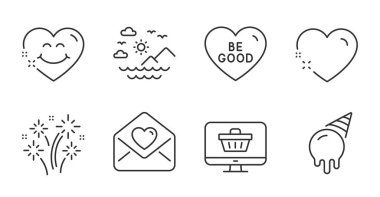 Aşk mektubu, gülen surat ve dondurma çizgisi simgeleri. Uslu dur, Web atölyesi ve Havai fişek tabelası. Deniz dağları, kalp sembolleri. Kalp, dondurma külahı, aşk tatlısı. Tatil ayarlandı. Kaliteli çizgi simgeleri. Vektör