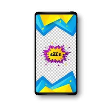 Mega satış etiketi. Telefon modelleme vektör pankartı. İndirimli afiş şekli. Kupon ikonu. Sosyal hikaye posta şablonu. Mega satış rozeti. Cep telefonu çerçevesi. Soyut modern arka plan. Vektör
