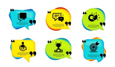 Paylaş, çalışanlar kurye ve konuşma balonu simgeleri basit bir set. Tırnak içinde konuşma balonu. Boya fırçası, kazanan podyum ve hedef tabelaları. Tavsiye edilen kişi, konuşma balonu, sohbet mesajı. Vektör