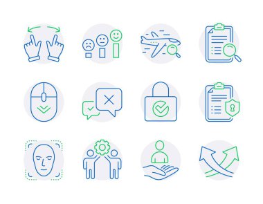 Teknoloji simgeleri ayarlandı. İşe alım olarak simge, aşağı kaydır, müşteri memnuniyeti işaretleri. Çalışan takım çalışması, yüz tanıma, gizlilik politikası sembolleri. Arama analizi, arama uçuşu. Vektör