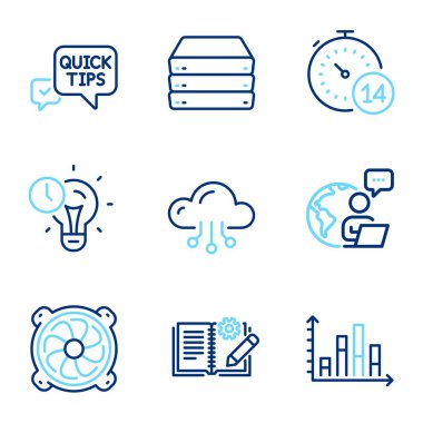 Bilim simgeleri ayarlandı. Hızlı ipuçları olarak simge, sunucular, karantina işaretleri dahil. Diyagram grafiği, mühendislik belgeleri, zaman yönetimi sembolleri. Bilgisayar fanı, Cloud bilgisayar çizgisi simgeleri. Vektör