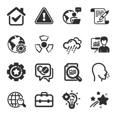 Sunum, internet araması, yağmurlu hava sembolleri gibi bir dizi bilim simgesi. Teçhizat, Coronavirus, tıbbi ilaç işaretleri. Seo fikri, anlaşma belgesi, kimyasal tehlike. Öksür. Vektör