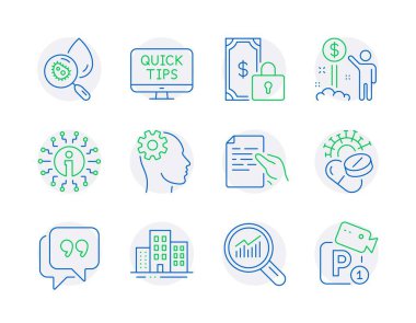 Satır simgeleri ayarlandı. Veri analizi, binalar, Coronavirus hapları gibi ikonları da içeriyor. Belge, Bilgi, Web öğretim sembolleri. Alıntı balonu, Mühendislik, Özel ödeme. Gelir parası. Vektör