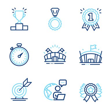 Spor ikonları hazır. Ödül olarak ikon, Kazanan kurdele, Hedef Hedef işareti. Madalya, kazanan podyum, zamanlayıcı sembolleri. Arena, Sports Arena çizgi simgeleri. Birincilik, En İyi Ödül. Satır simgeleri ayarlandı. Vektör