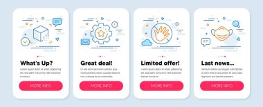 Ayarlama teçhizatı, Artırılmış gerçeklik gibi bir dizi bilim simgesi sembollere dokunmaz. Mobil ekran uygulama pankartları. Tıbbi maske çizgisi simgeleri. Teknoloji süreci, sanal gerçeklik, izin verilmiyor. Vektör