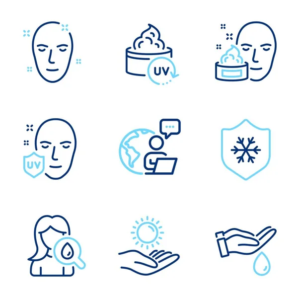 Beauty icons set. Included icon as Uv protection, Wash hands, Face cream signs. Health skin, Uv protection, Moisturizing cream symbols. Clean skin line icons. Ultraviolet, Gel. Line icons set. Vector