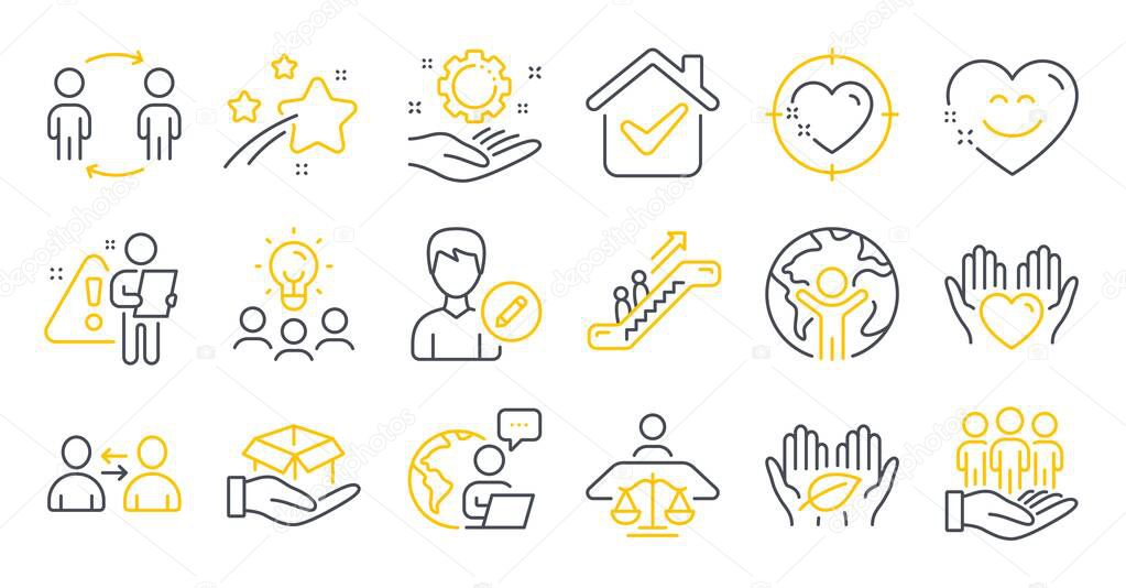 Set of People icons, such as Heart target, Workflow, Business idea symbols. Employee hand, Best buyers, Court judge signs. Edit person, Fair trade, Communication. Hold box, Global business. Vector