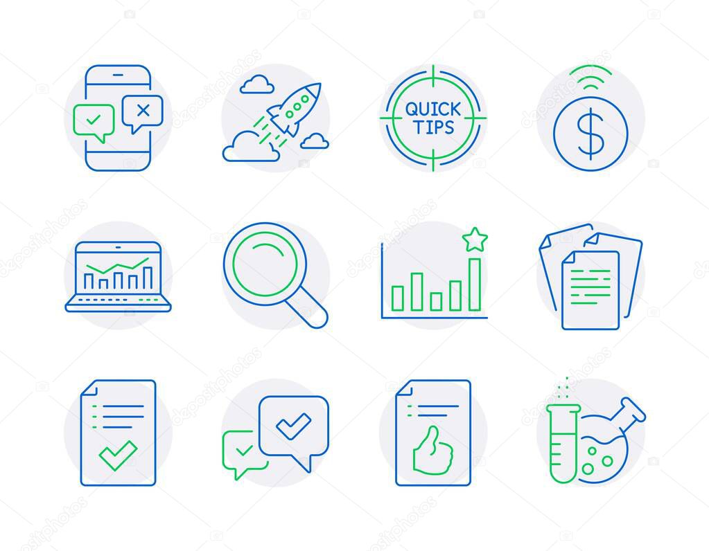 Education icons set. Included icon as Tips, Approved document, Startup rocket signs. Web analytics, Contactless payment, Documents symbols. Search, Approve, Phone survey. Efficacy. Vector