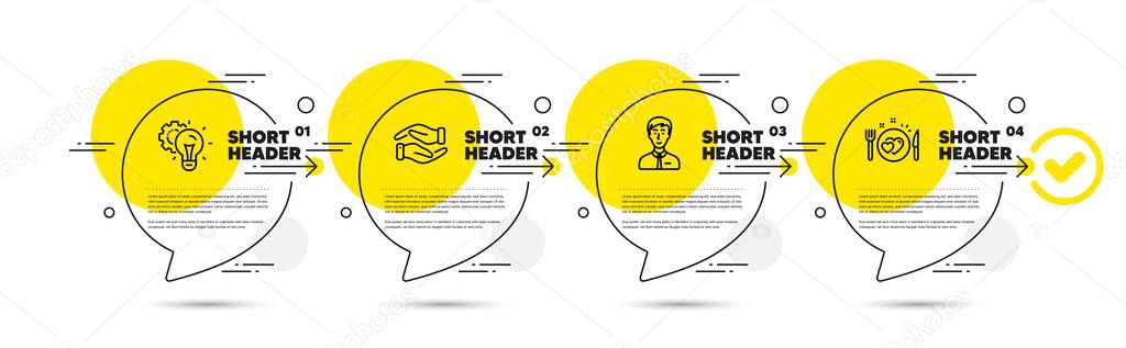 Idea gear, Businessman person and Helping hand line icons set. Timeline infograph speech bubbles. Romantic dinner sign. Technology process, Male user, Charity palm. Love food. Business set. Vector