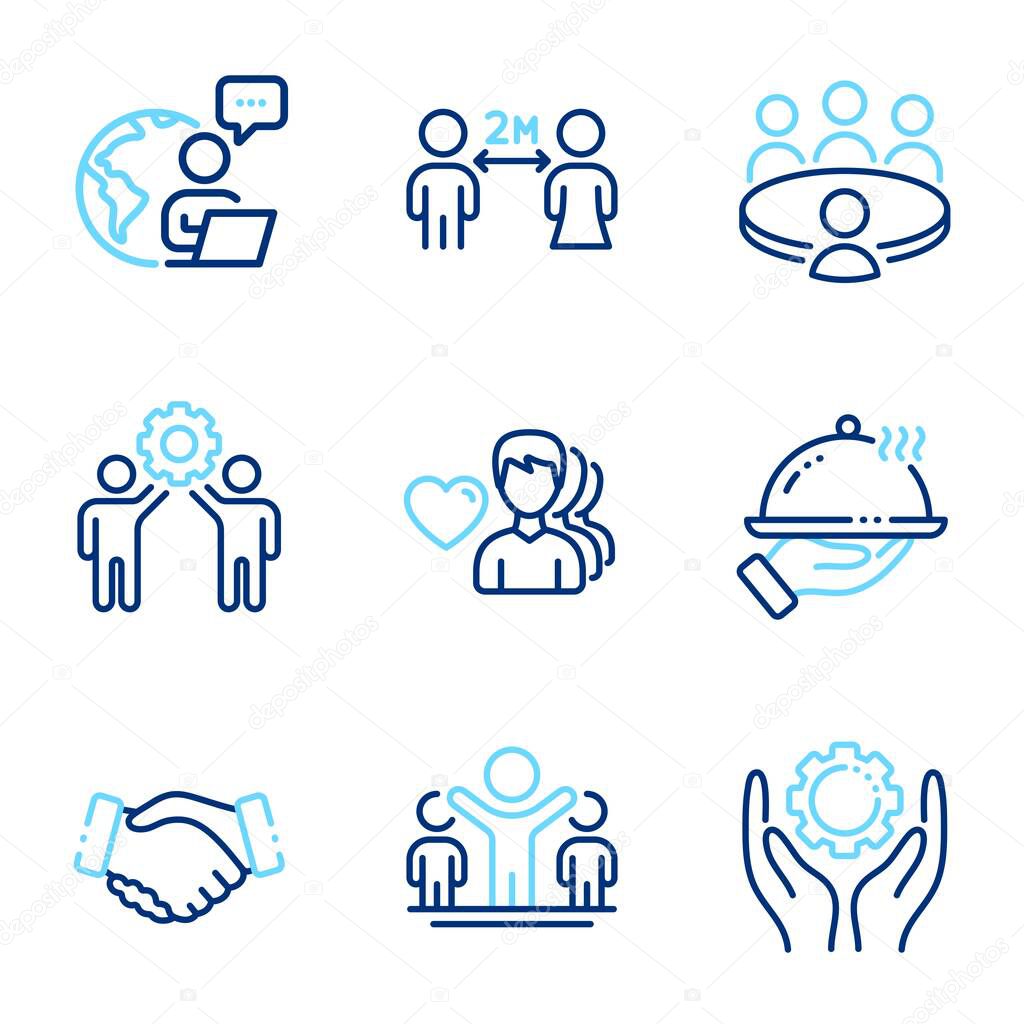 People icons set. Included icon as Meeting, Winner, Man love signs. Social distancing, Employees teamwork, Handshake symbols. Employee hand, Restaurant food line icons. Line icons set. Vector