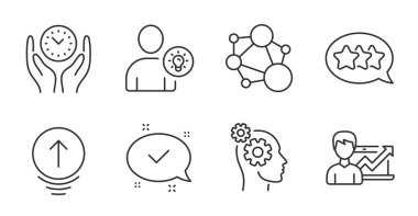 Geçiş yap, kullanıcı fikri ve Stars satır simgeleri ayarlandı. Dürüstlük, Başarı işi ve Düşünce işaretleri. Onaylandı, güvenli zaman sembolleri. Kaydırma sayfası, ampul, Müşteri geribildirimi. Teknoloji hazır. Vektör