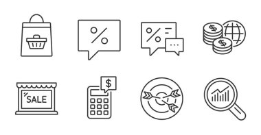 Hesap makinesi, İndirim ve İndirim ileti satırı simgeleri ayarlandı. Satış, veri analizi ve dünya para tabelaları. İnternetten satın alma, hedefleme sembolleri. Para yönetimi, en iyi teklif, özel teklif. Vektör