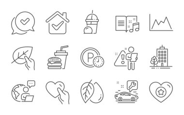 Araba servisi, dondurmalı milkshake ve Hold Heart Line ikonları seti. Maden yağı, organik testler ve onaylanmış işaretler. Gökdelen binaları, park saati ve hamburger sembolleri. Satır simgeleri ayarlandı. Vektör