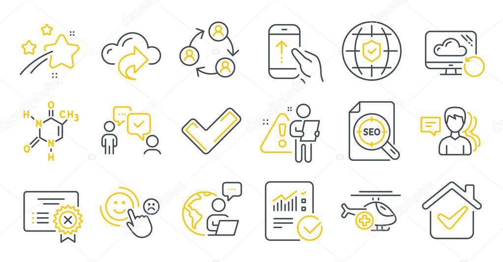 Set of Business icons, such as Global insurance, Seo file, Medical helicopter symbols. Cloud share, Customer satisfaction, Swipe up signs. Tick, Teamwork, Consulting business. People. Vector
