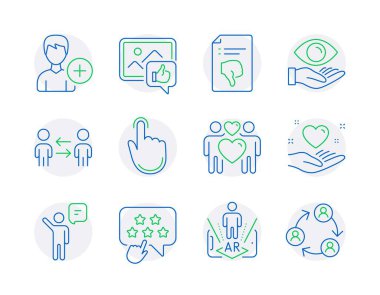 İnsan simgeleri ayarlandı. Simge, fotoğraf gibi, başparmak aşağı, takım çalışması tabelaları. Sağlık, Aşk Çifti, Kalp sembolleri tutun. İnsan ekle, Artırılmış gerçeklik, Sıralama Yıldızı. - Ajan. Vektör