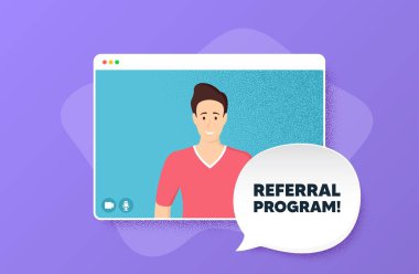 Yönlendirme programı sembolü. Görüntülü görüşme. Arkadaş tabelasına atıfta bulun. Reklam referansı. Web ekranındaki erkek karakter. Konuşma baloncuğu yönlendir. Video sohbet ekranı. Vektör