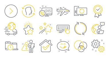 Kurtarma Bilgisayarı, Zaman Yönetimi, İleri Semboller gibi bir dizi Teknoloji simgesi. İş, test damgası, bilgisayar klavye işaretleri. Euler diyagramı, nefis bir gülümseme, ferahlatıcı. Yıldızlar sıralanıyor. Vektör