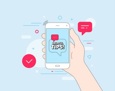 Yararlı bahşiş sembolü. Cep telefonunda teklif mesajı var. Eğitim faq işareti. Yardım edin. Müşteri hizmetleri afişi. Faydalı bahşiş rozeti şekli. Telefon uygulaması konuşma balonu. Mobil yardım deneyimi. Vektör