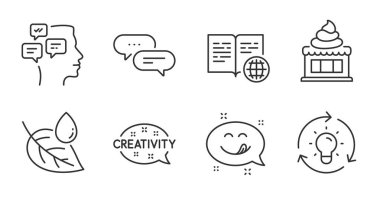 Yaprak çiğ, Mesajlar ve dondurma çizgisi simgeleri. Nokta mesajı, leziz gülümseme ve yaratıcılık işaretleri. İnternet kitabı, fikir sembolleri. Su damlası, Bildirimler, Sundae. İş seti. Vektör