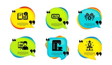 Sunum, işçi eli ve komut bilgi simgeleri basit set. Tırnak içinde konuşma balonu. Satın alma düğmesi, kahve makinesi ve başarı işaretleri. Eğitim kurulu, iş donanımı, proje. Vektör