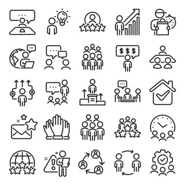 İş adamları ikonlar çiziyor. Takım, toplantı, iş yapısı. Grup üyeleri, iletişim, üye simgeleri. Kongre, konuşma kişisi, ortaklık. İş görüşmesi, iş fikri, oylama. Satır simgesi ayarlandı. Vektör