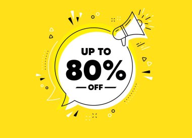 Satışlarda yüzde 80 'e kadar indirim var. Megafon sarı vektör pankartı. İndirimli fiyat tabelası. Özel teklif sembolü. Yüzde 80 tasarruf ederiz. Tırnak içinde düşünce balonu. Vektör