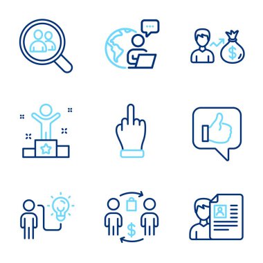 People icons set. Included icon as Sallary, Like, Search employees signs. Winner, Job interview, Business idea symbols. Buying process, Middle finger line icons. Person earnings, Thumbs up. Vector clipart