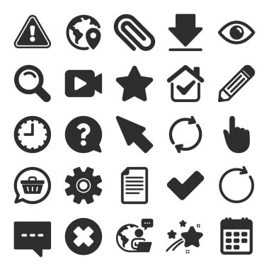 Belge, Zaman ve Takvim simgeleri. Soru, Sohbet ve Kalem işaretleri. Çark, İndirme ve Klipsleme simgeleri ekle. Takvim, büyüteç ve alışveriş arabası. Düz simge seti. Vektör