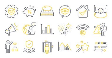 Set of line icons, such as Methodology, Mattress, Investment graph symbols. Megaphone, Elevator, Cogwheel signs. Augmented reality, 5g wifi, Fireworks. Loan percent, Return parcel. Vector clipart