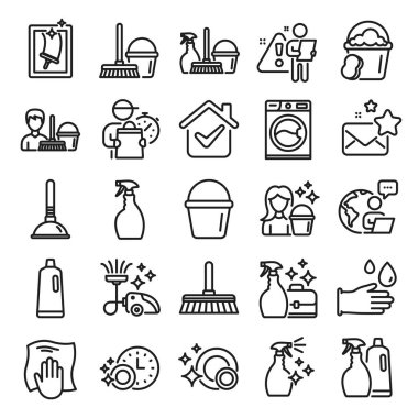 Temizlik çizgisi simgeleri. Çamaşır, pencere süngeri ve elektrikli süpürge ikonları. Çamaşır makinesi, temizlik servisi ve temizlik malzemeleri. Pencere temizleme, temizleme, çamaşır makinesi. Vektör