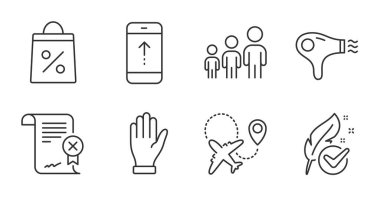 Alışveriş torbası, El ve Uçak hattı simgeleri hazır. Hipoalerjenik test, iş hiyerarşisi ve saç kurutma tabelaları. Reddet sertifikası, sembolleri göster. Kaliteli çizgi simgeleri. Alışveriş çantası rozeti. Vektör