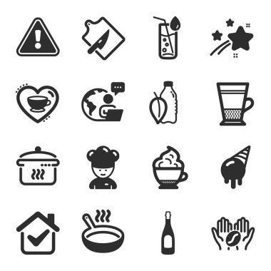 Yemek ve içecek ikonları, kesme tahtası, su şişesi, kahve sembolleri gibi. Aşçı, kızartma tavası, dondurma tabelaları. Duble latte, kaynatma tavası, şampanya. Su bardağı, kahveye bayılırım. Vektör