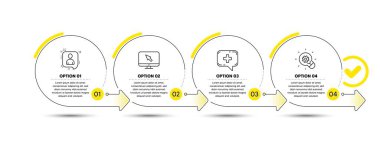 Geliştiriciler sohbet, internet ve tıbbi sohbet hattı simgeleri seti. Zaman çizelgesi bilgileri. Yenilik işareti. Yönetici konuşması, imleci olan monitör, tıbbi yardım. Ampul. Teknoloji hazır. Vektör