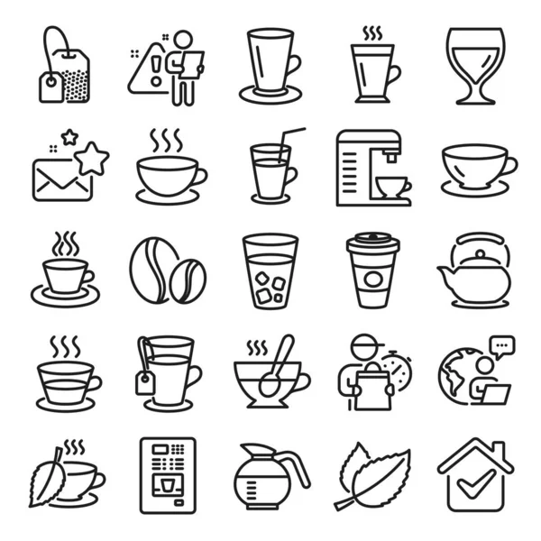 コーヒーとティーラインのアイコン カプチーノ アイスジュース ラテコーヒーカップのアイコンがセットになっています ティーポット コーヒーポット スチームとホットドリンク ミントの葉茶 ハーブドリンクとベンディング ホットラテカップ — ストックベクタ
